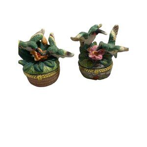 Porcelain Hummingbird Trinket Boxes With Floral Accents & Gold Trim - Set Of 2